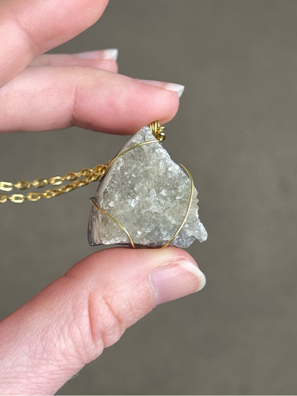 Gray & Yellow Druzy Wire Wrap Necklace Gold Tone Handmade